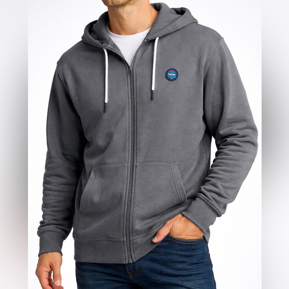 FarWest Men’s Full-Zip Hoodie XL, Grey, Cotton Blend, Casual Layer